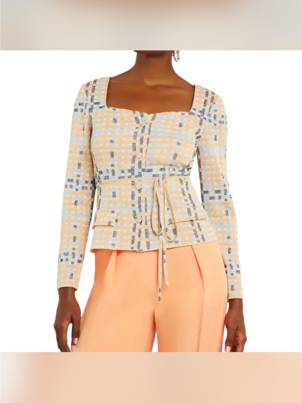 Misook NWT Jacquard Knit jacket, Multi color, Tie-Front Square Neck, L, MSRP 428